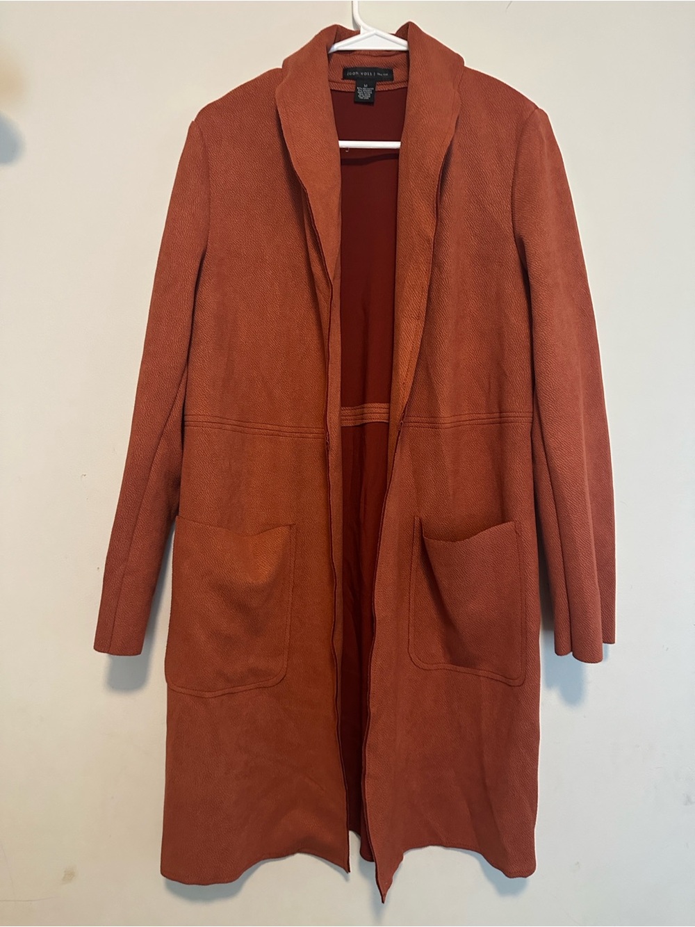 Joan Vass Long Open-Front Trench Coat in Rust Orange, Medium